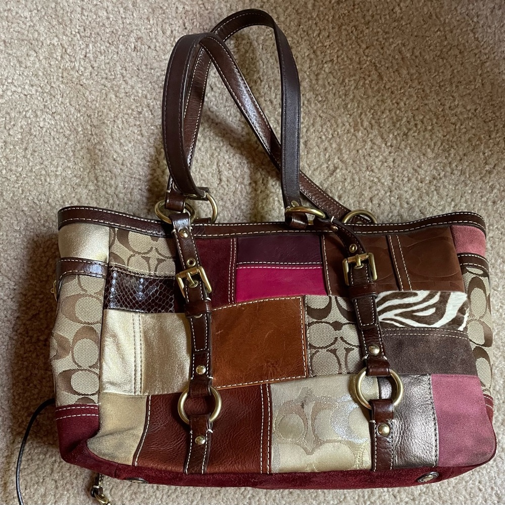 Coach Patchwork Shoulder Bag in Red, Brown, and Cream